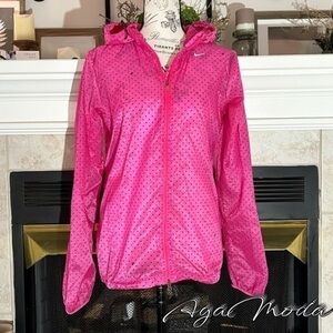 Nike Running Pink Polkadot Windbreaker with drawstring hood.